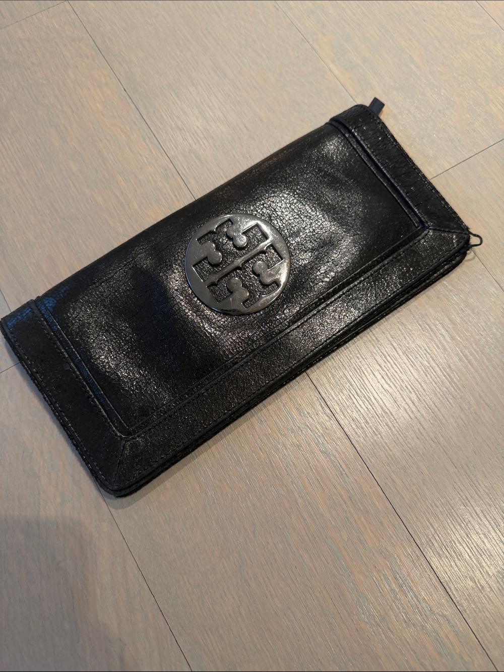 Tory Burch Black Leather Logo Zip Clutch